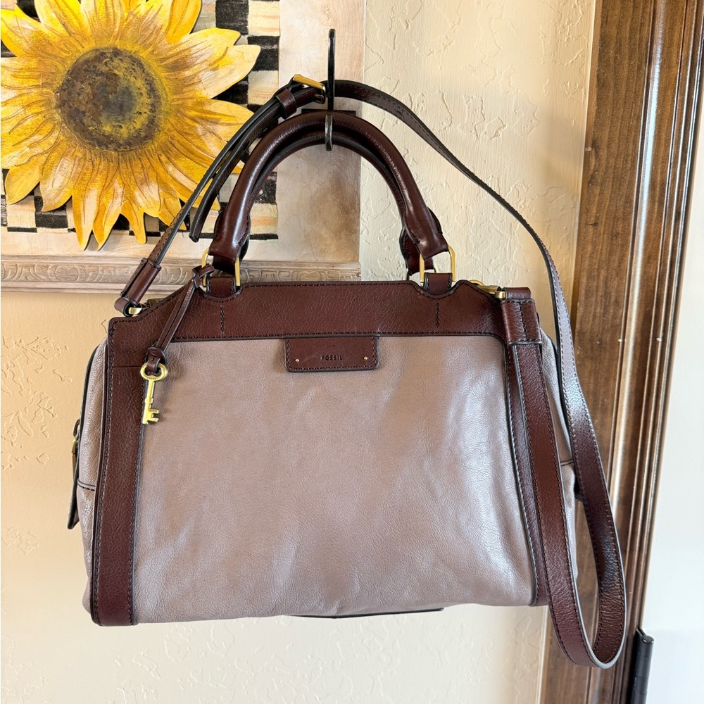 Fossil Logan Small Satchel Crossbody Purse Gray/Brown Goat Hide Cow Hide Leather